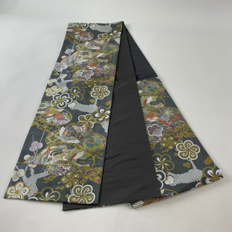 袋帯 鶴 御所車に花模様 素敵なデザイン 六通 正絹 着物 RO-3171 袋帯】鶴刺繍 帯 着物