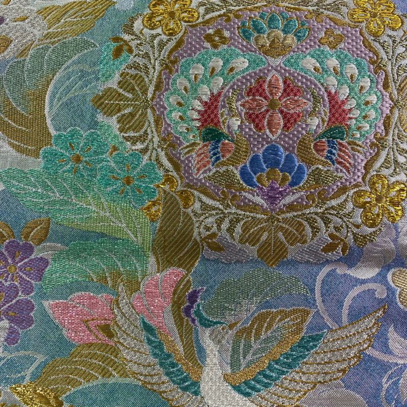 袋帯 美品 秀品 草花 孔雀 金糸 箔 青紫 六通 正絹｜中古・古着
