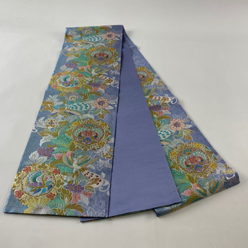 袋帯 美品 秀品 草花 孔雀 金糸 箔 青紫 六通 正絹｜中古・古着