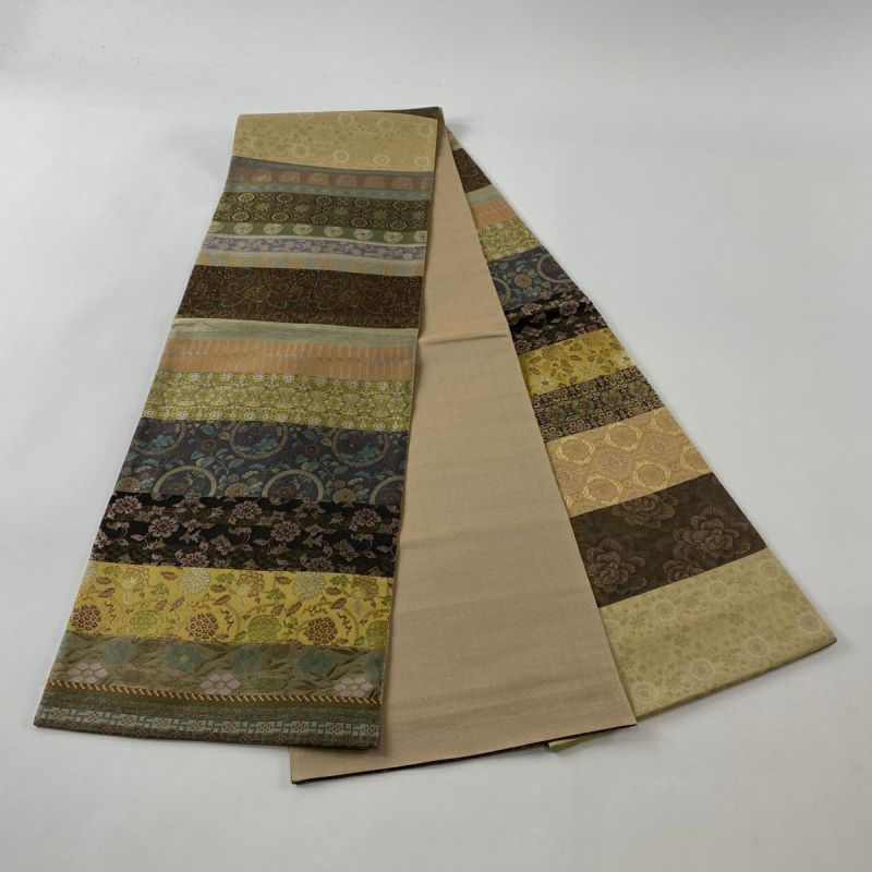 袋帯 美品 秀品 横段 花唐草 金糸 茶色 お太鼓柄 正絹｜中古