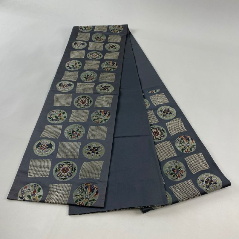 袋帯 秀品 草花 蝶 金糸 灰紫 六通 正絹｜中古・古着