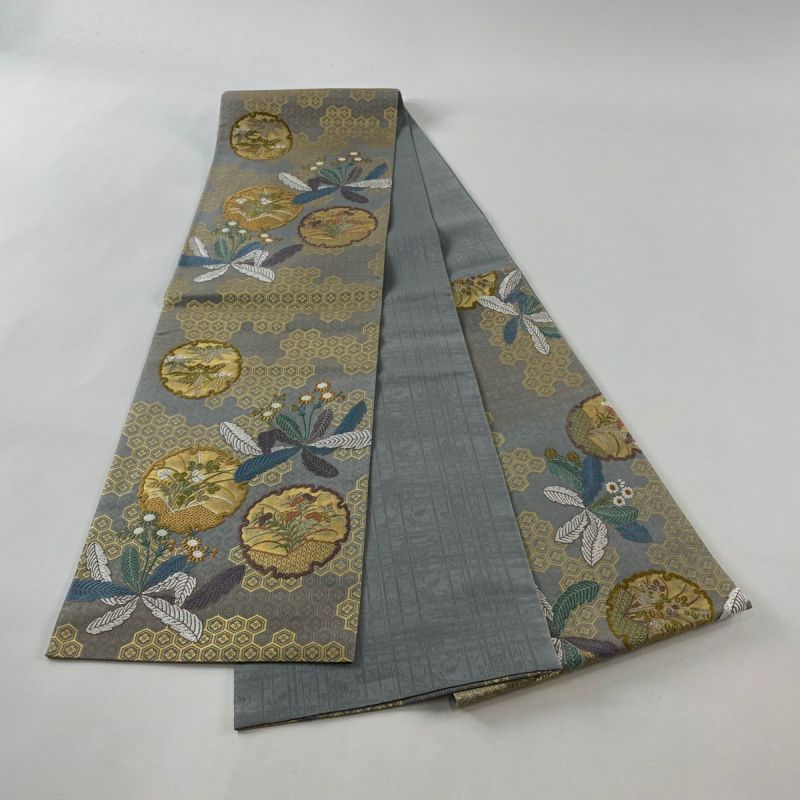 袋帯 美品 秀品 雪輪 草花 刺繍 金糸 灰色 お太鼓柄 正絹｜中古