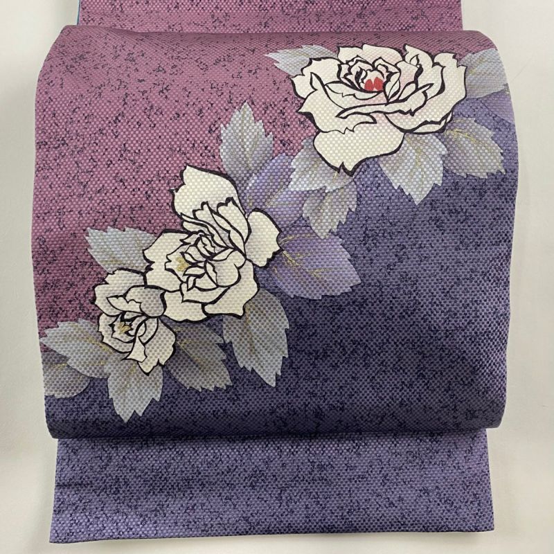 中古美品 薔薇柄 袋帯 袋帯 秀品 薔薇 銀彩 薄紫 お太鼓柄 正絹｜中古・古着