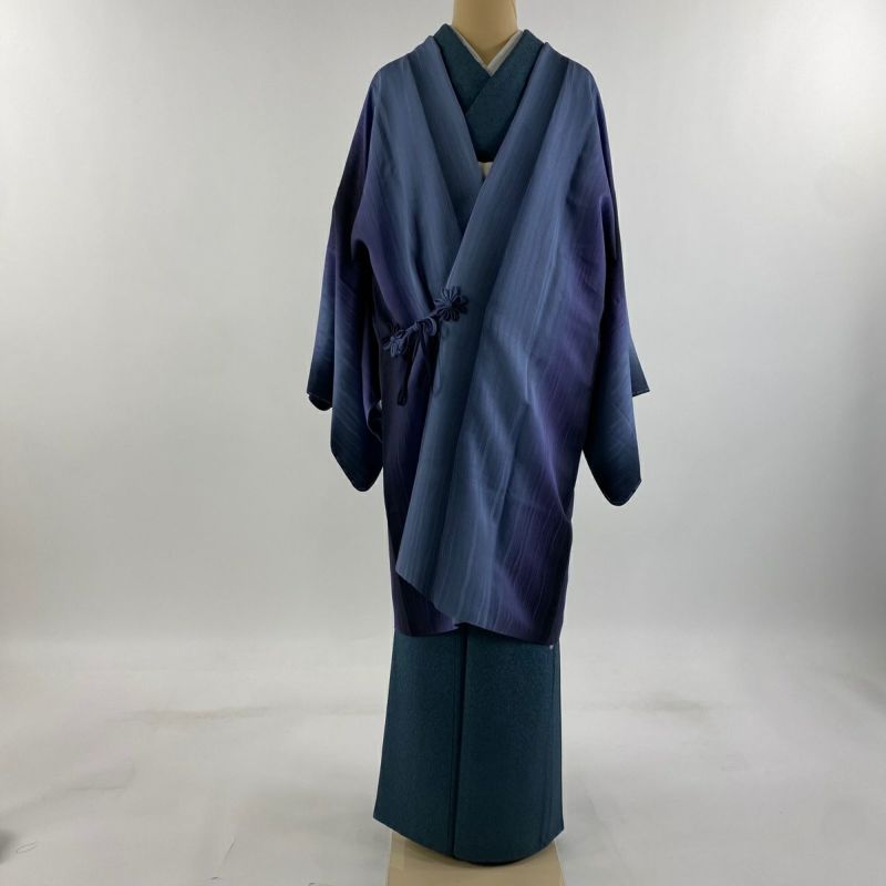 道中着 身丈99.5cm 裄丈68.5cm L 和装コート 地紋 縦ぼかし 青紫