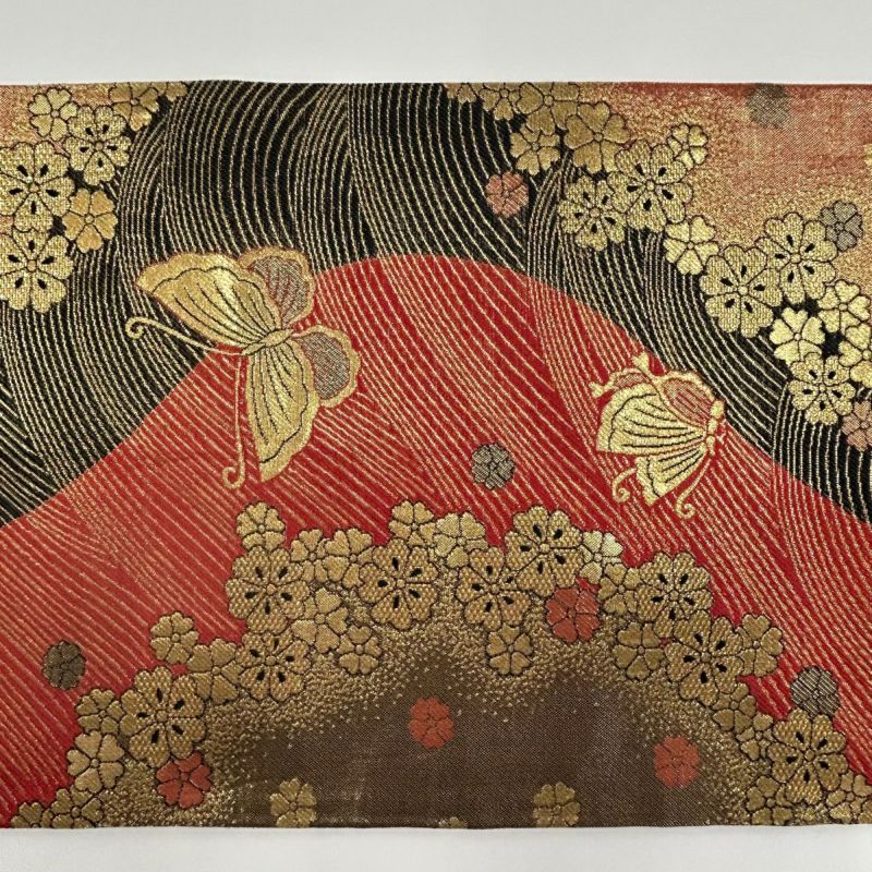 袋帯 秀品 蝶 花 箔 金糸 赤 六通 正絹｜中古・古着・リサイクル