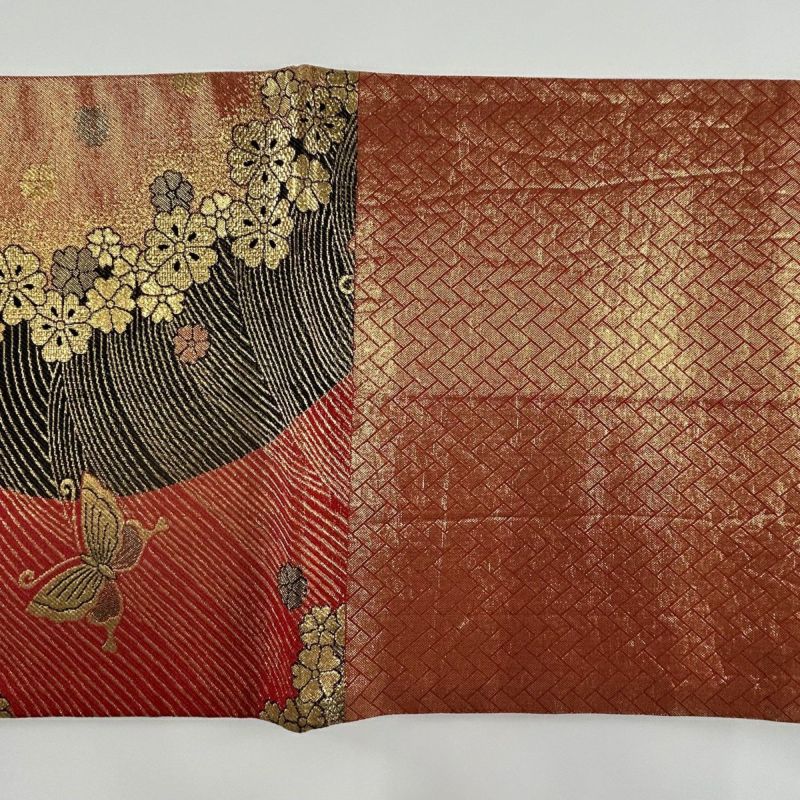 袋帯 秀品 蝶 花 箔 金糸 赤 六通 正絹｜中古・古着・リサイクル