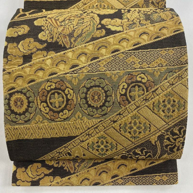 未使用品 袋帯 華文 鳳凰 飛び鶴 ベージュゴールド 長さ4m31cm 正絹 袋帯 名品 鳳凰 華文 金糸 ベージュ 六通 正絹｜中古・古着