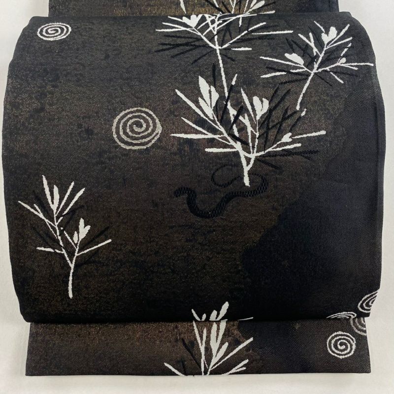 アンティーク カラス 天鵞絨 手刺繍 丸帯 金糸 銀糸 正絹 黒地 袋帯 美品 名品 葉柄 銀糸 箔 黒 六通 正絹｜中古・古着
