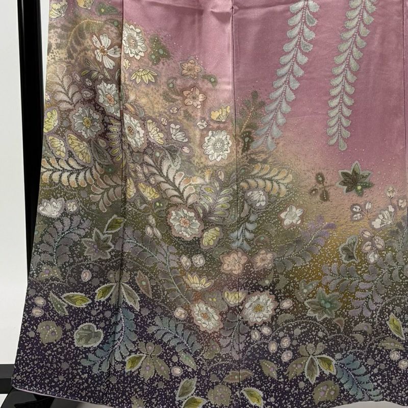 夏物 裄65.2cm 絽 白地 長襦袢 半衿付 正絹 ～158cm Jｓ694 付下げ 身丈163cm 裄丈67cm M 薄物 絽 秋草 ぼかし 青灰色 正絹
