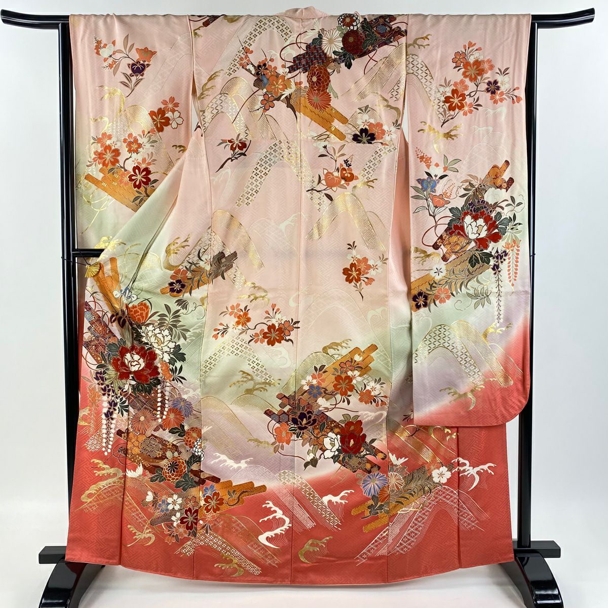 振袖　袋帯　4点セット　桜　蝶　金銀彩　身丈163cm 裄丈66cm M 正絹 国内配送】 桜 4点セット 袋帯 振袖 蝶 正絹 M 裄丈66cm 身丈