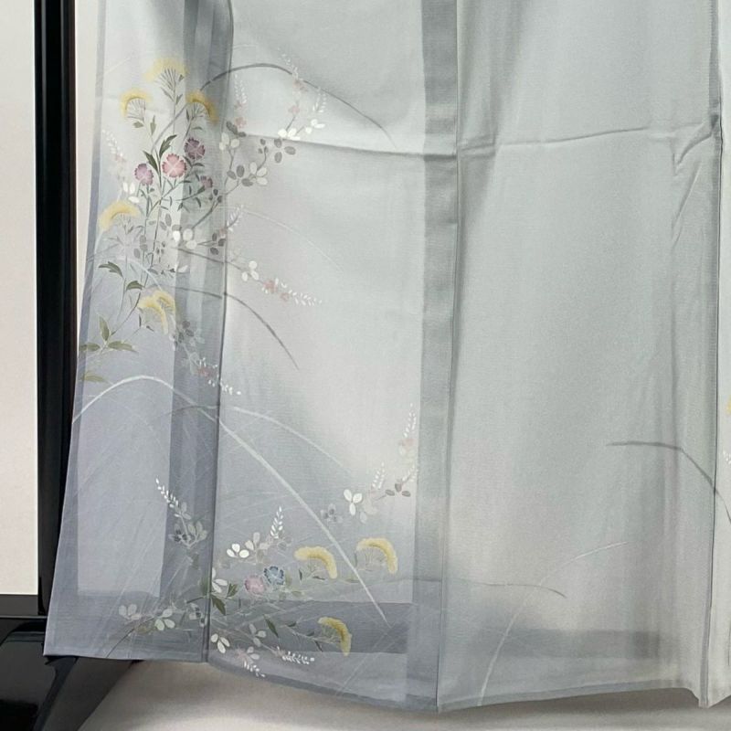 夏物 裄65.2cm 絽 白地 長襦袢 半衿付 正絹 ～158cm Jｓ694 付下げ 身丈163cm 裄丈67cm M 薄物 絽 秋草 ぼかし 青灰色 正絹