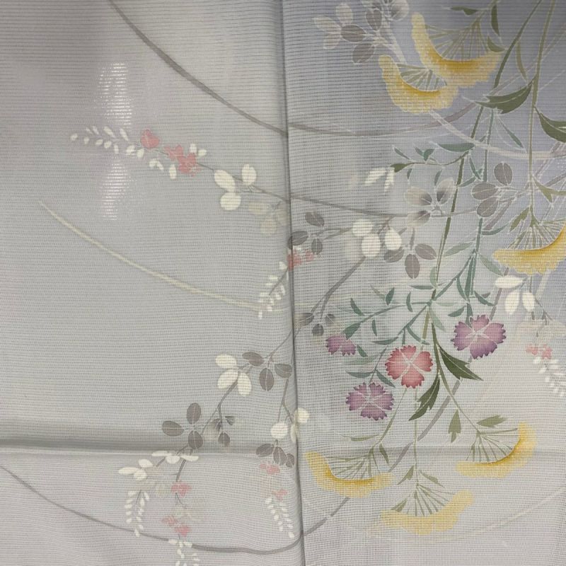 夏物 裄65.2cm 絽 白地 長襦袢 半衿付 正絹 ～158cm Jｓ694 付下げ 身丈163cm 裄丈67cm M 薄物 絽 秋草 ぼかし 青灰色 正絹