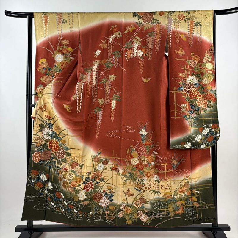 振袖 身丈157cm 裄丈64cm M 袷 牡丹 流水 金糸 金彩 赤茶 正絹