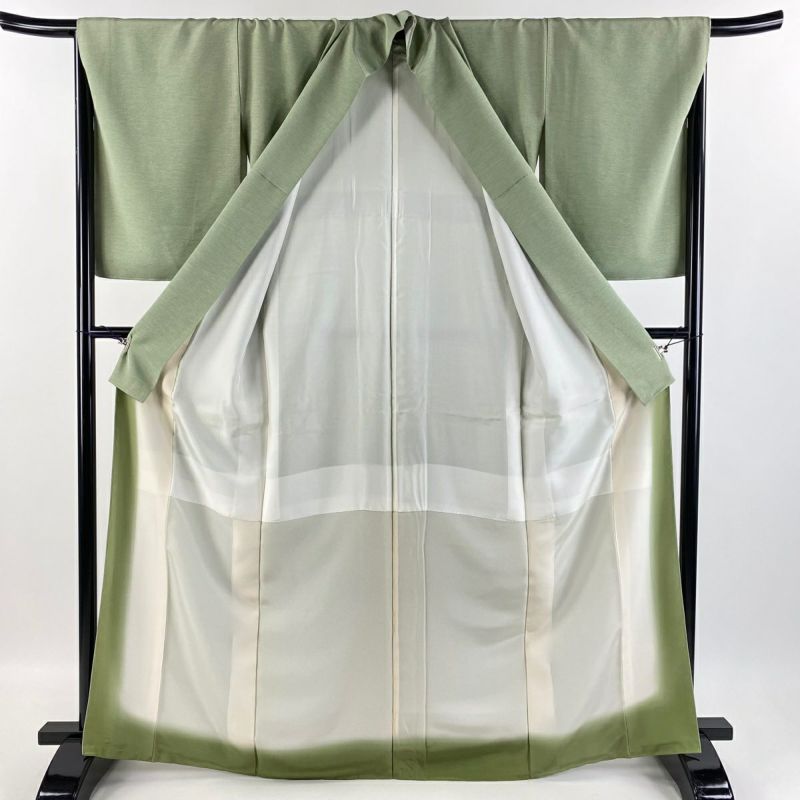 【トール】美品 色無地 一ツ紋 袋帯 重ね衿 3点セット 身丈173cm 薄緑 色無地 身丈152cm 裄丈62cm S 薄物 絽 灰緑 正絹 秀品 一つ紋