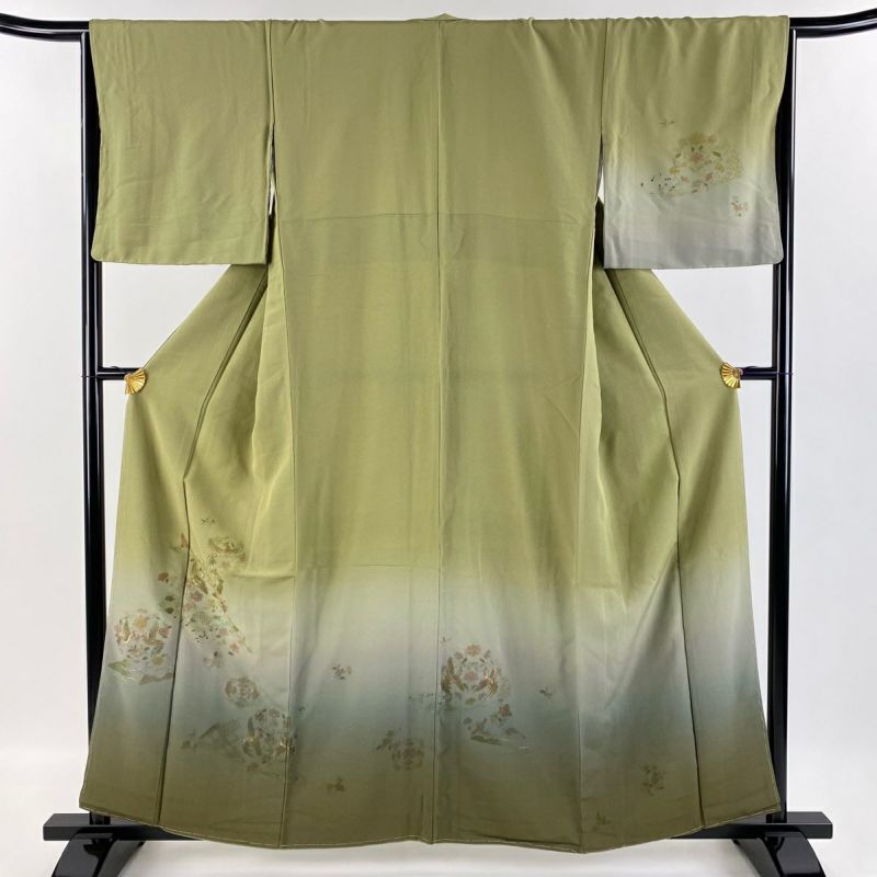 付下げ 身丈159cm 裄丈65.5cm M 袷 鳳凰 草花 刺繍 ぼかし 鶯色