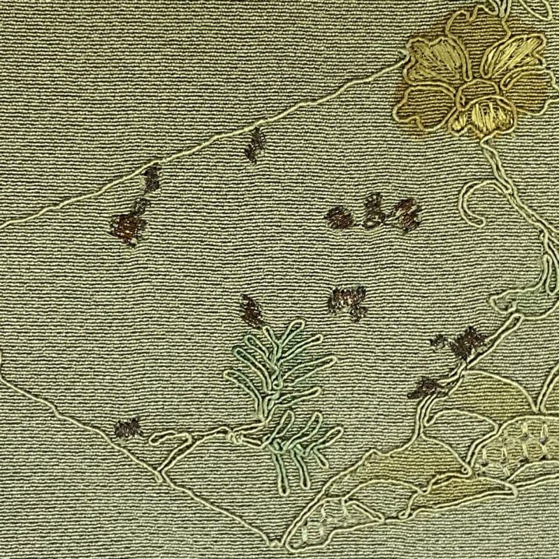 付下げ 身丈159cm 裄丈65.5cm M 袷 鳳凰 草花 刺繍 ぼかし 鶯色