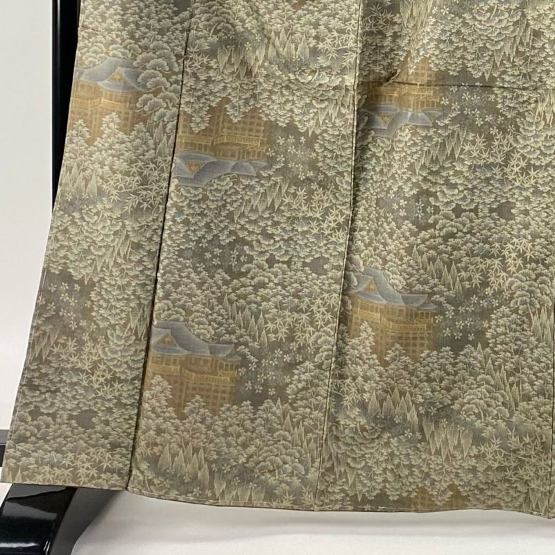 紬 身丈165.5cm 裄丈64cm M 袷 清水寺 樹木 茶緑色 正絹 美品 秀