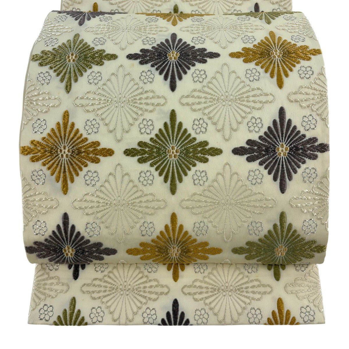 袋帯 名品 七宝 花菱 金糸 唐織 クリーム 六通 正絹｜中古・古着