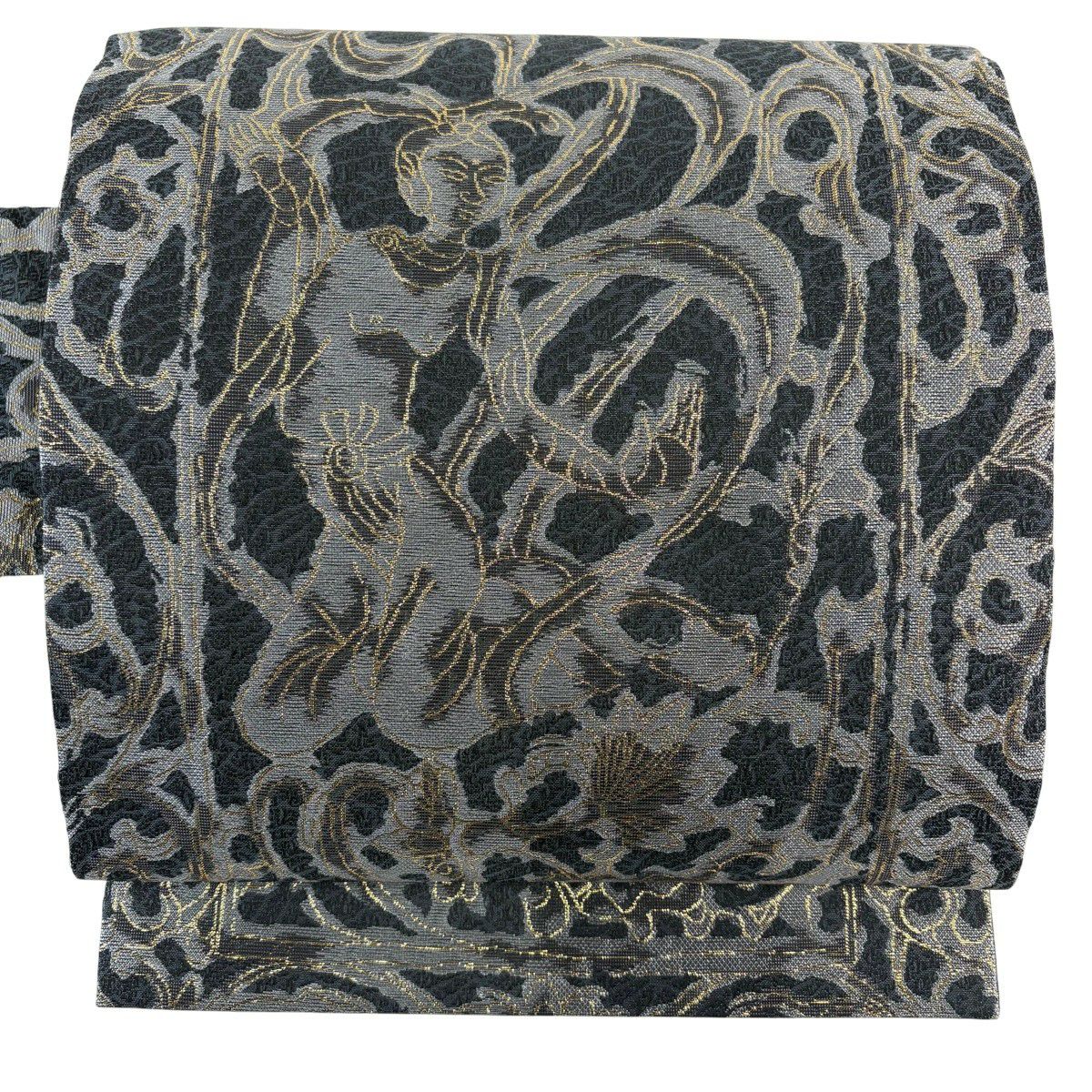 美品】 名古屋帯 名品 人物 花唐草 金糸 箔 青灰色 正絹｜中古・古着