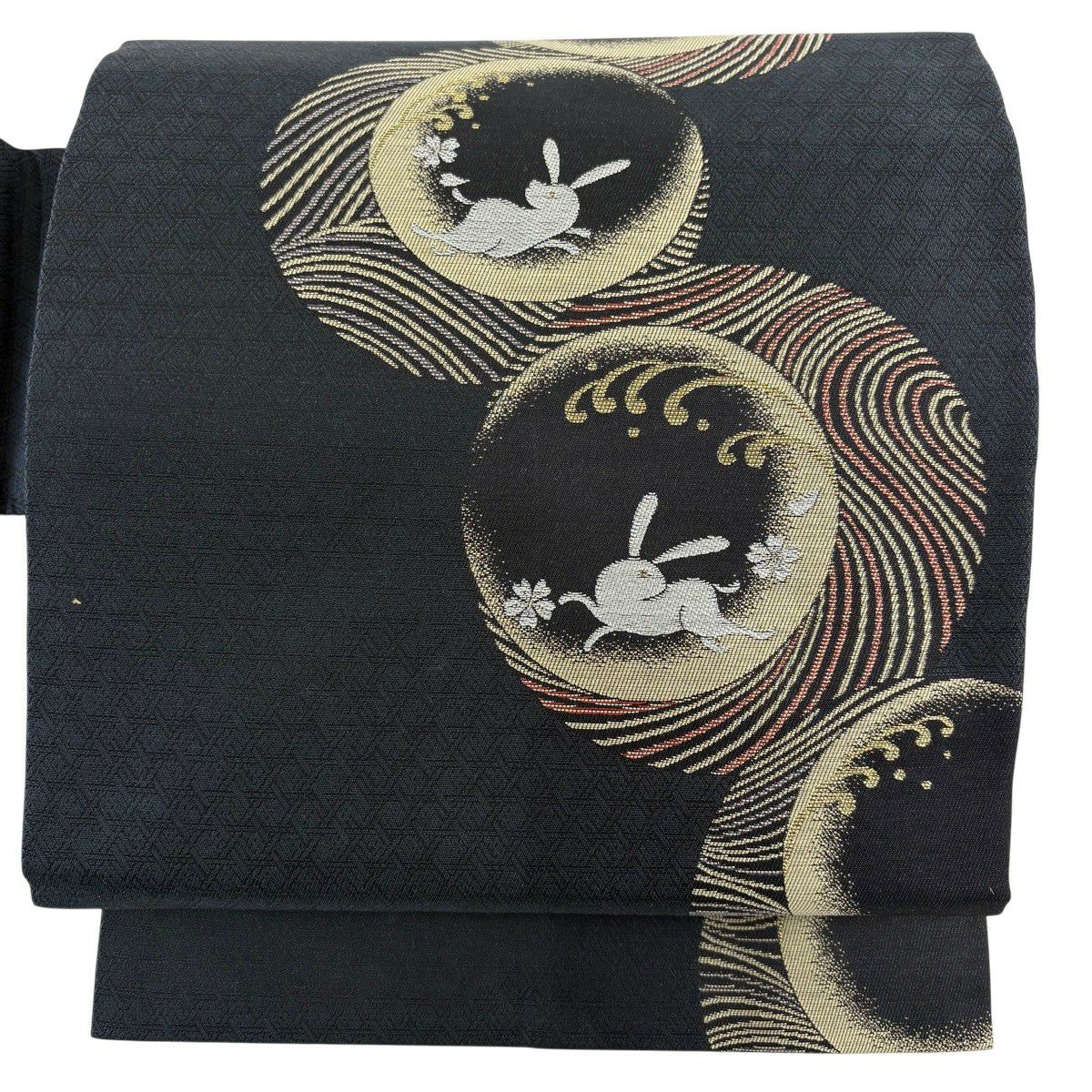 美品】 名古屋帯 名品 うさぎ 桜 金糸 紺色 正絹｜中古・古着