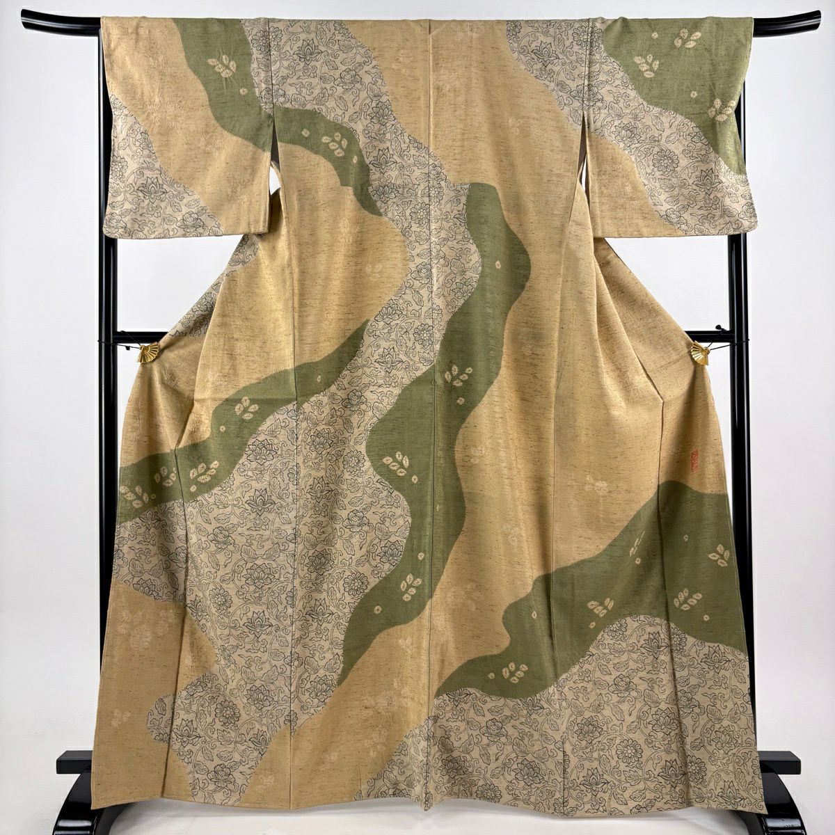 【お値下げ】袷　紬　ぜんまいと紅花紬　裄67cm 正絹 miyagawa-kimono_sb14695