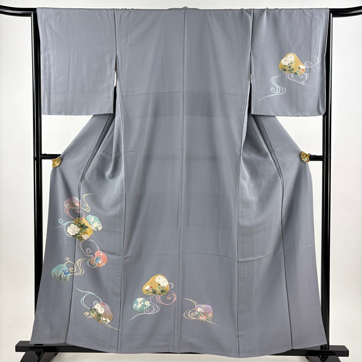 訪問着 身丈157.5cm 裄丈63.5cm S 袷 落款あり 花車 流水 螺鈿 金銀彩