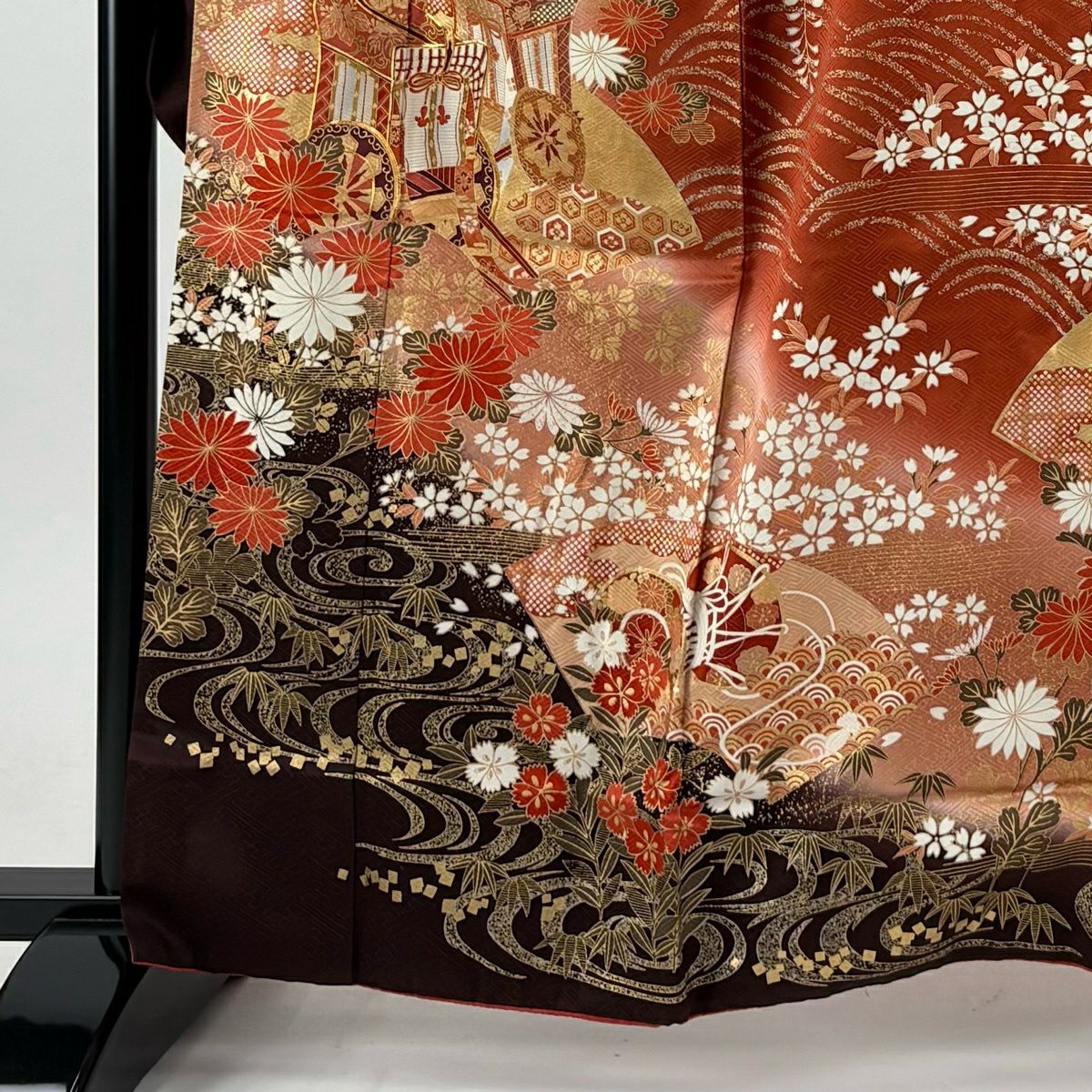 振袖 身丈163cm 裄丈65.5cm M 袷 御所車 流水 金糸 金銀彩 サーモン