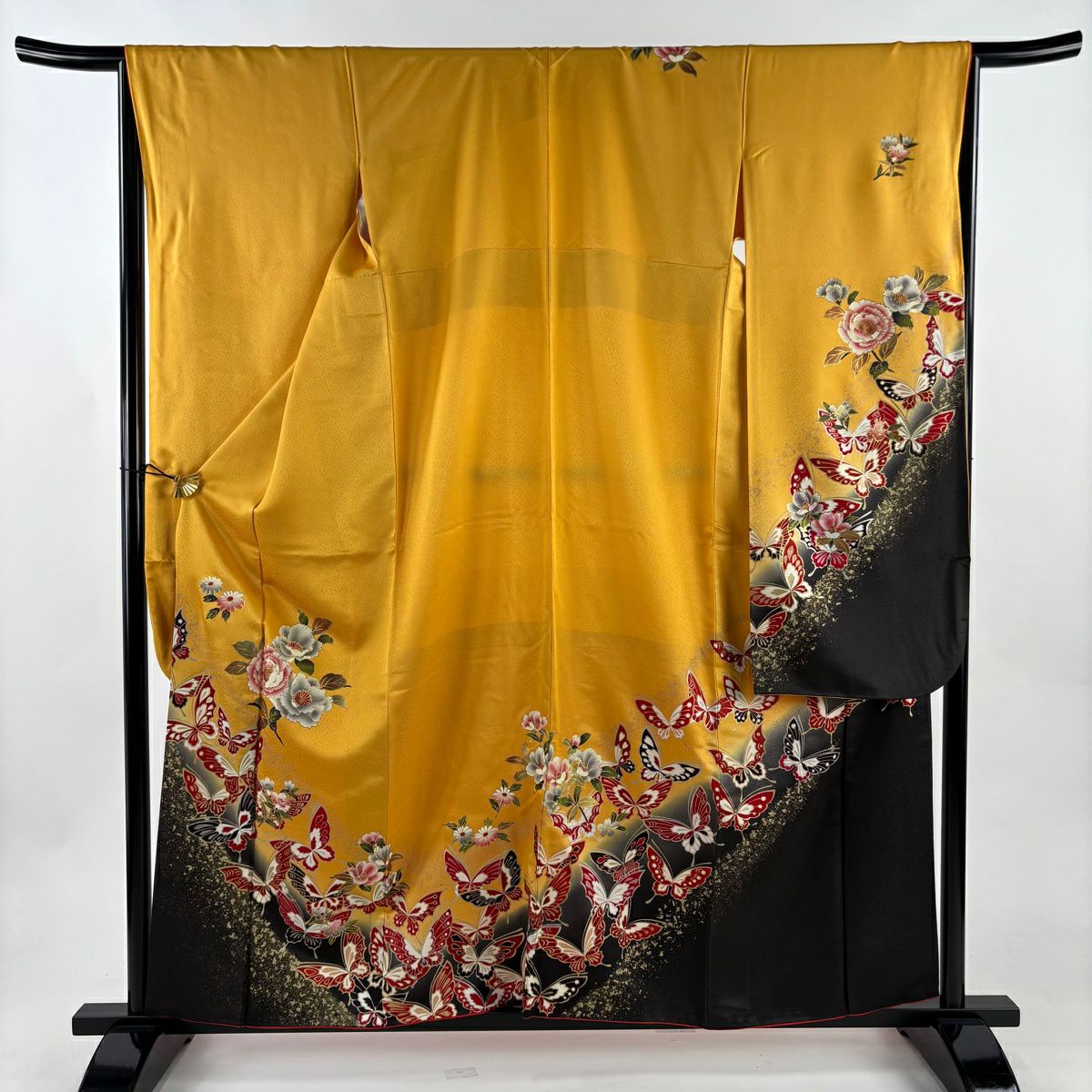 振袖 身丈159cm 裄丈66cm M 袷 蝶 草花 金銀彩 染め分け 山吹色 正絹