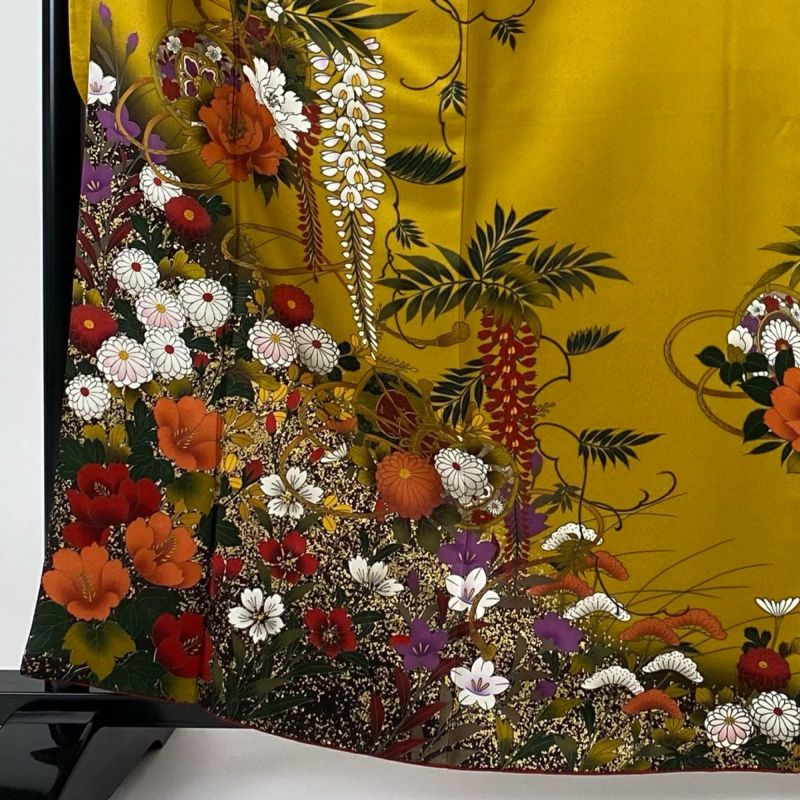 専用 KA751 振袖 身丈162cm 正絹 着物 成人式 振袖 身丈162cm 裄丈66cm M 袷 鼓 草花 金彩 染め分け 山吹茶色