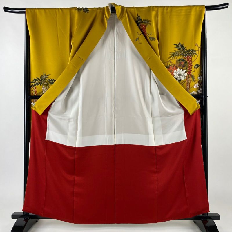 振袖 身丈162cm 裄丈66cm M 袷 鼓 草花 金彩 染め分け 山吹茶色