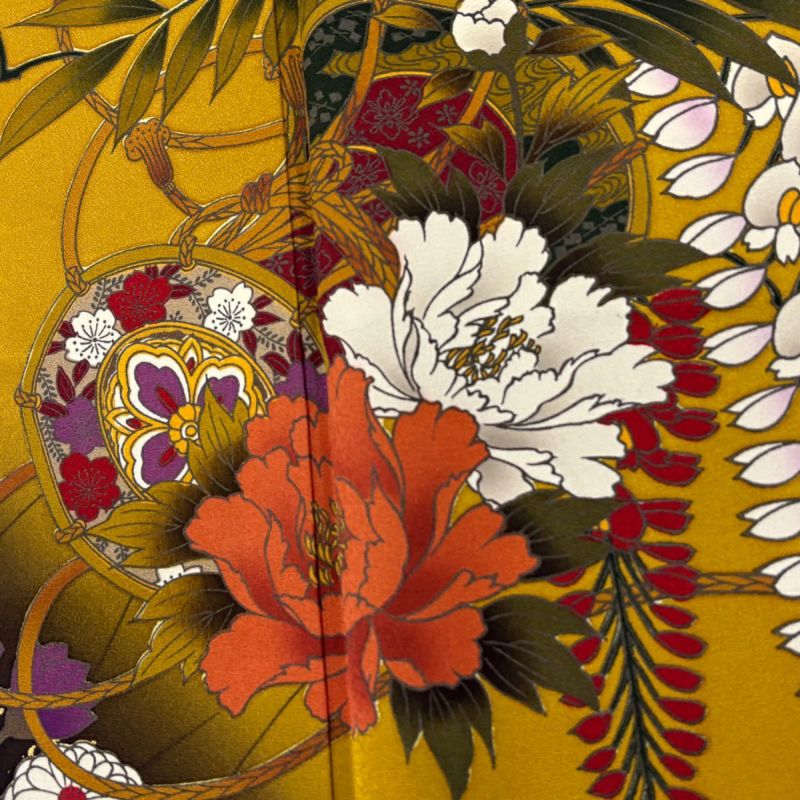 振袖 身長157-172cm オレンジ　薔薇　正絹 振袖 身丈162cm 裄丈66cm M 袷 鼓 草花 金彩 染め分け 山吹茶色