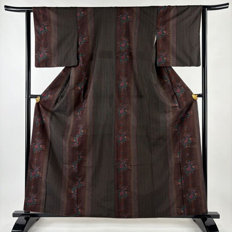 紬 身丈160.5cm 裄丈62.5cm S 袷 草花 縦縞 茶色 正絹 美品 秀品