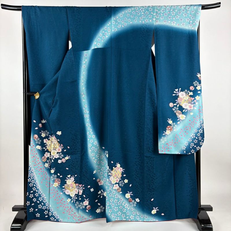振袖 身丈166cm 裄丈68cm L 袷 雪輪 桜 金銀彩 ぼかし 青緑 正絹