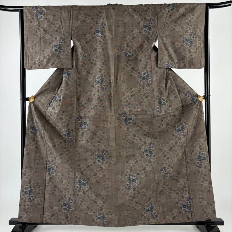 紬 身丈164cm 裄丈64cm M 袷 草花 焦茶色 正絹 秀品｜中古・古着