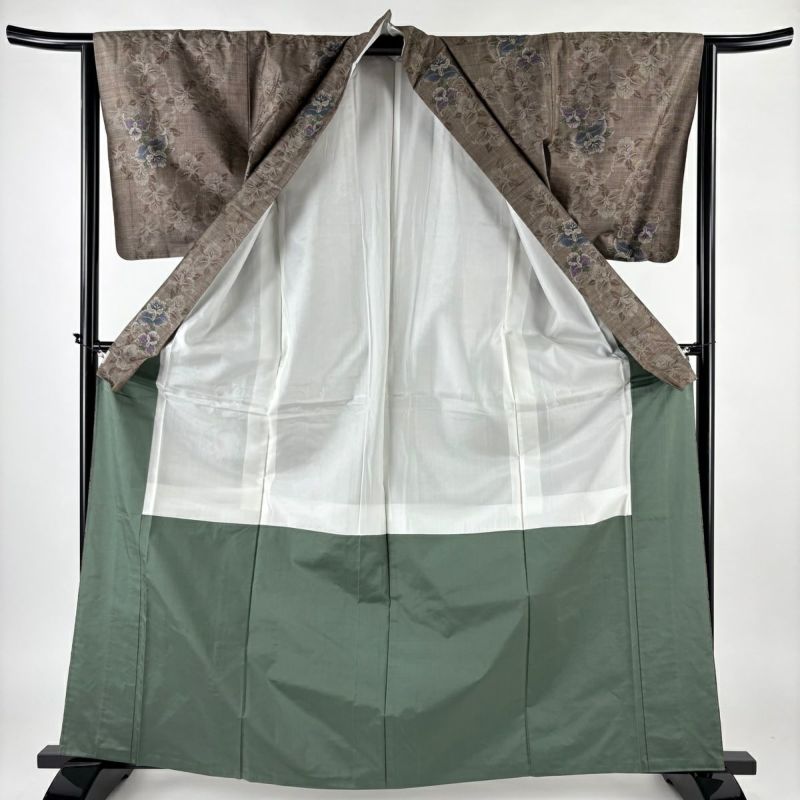 紬 身丈164cm 裄丈64cm M 袷 草花 焦茶色 正絹 秀品｜中古・古着