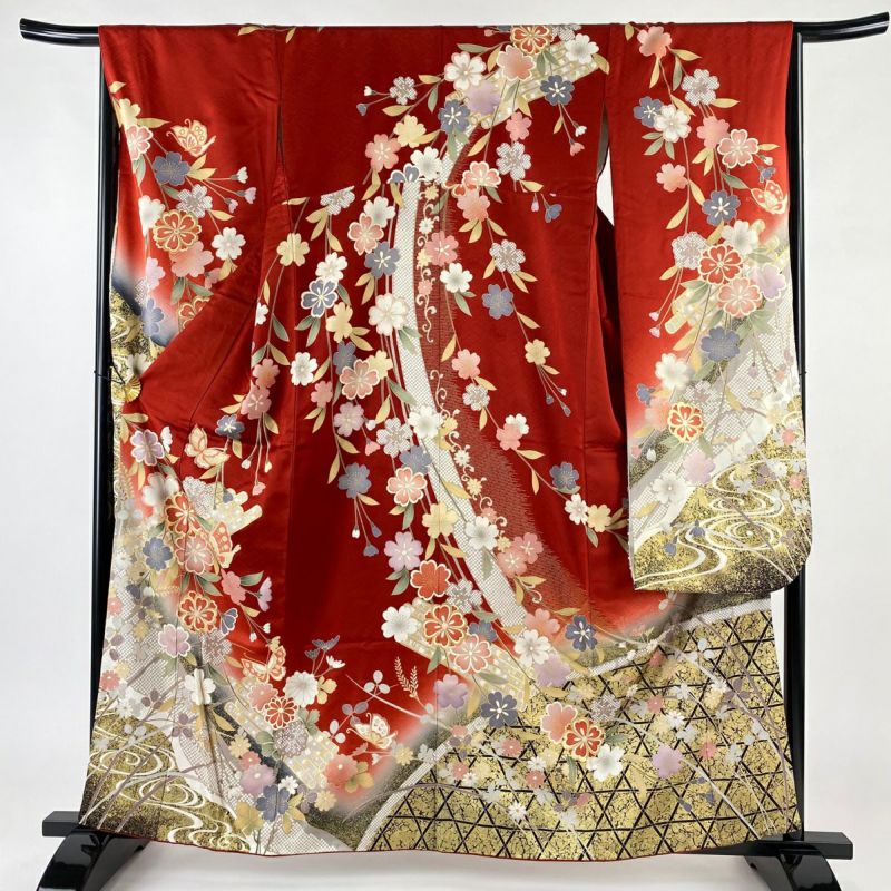 振袖 身丈161cm 裄丈65cm M 袷 鈴乃屋 桜 蝶 金彩 赤 正絹 秀品