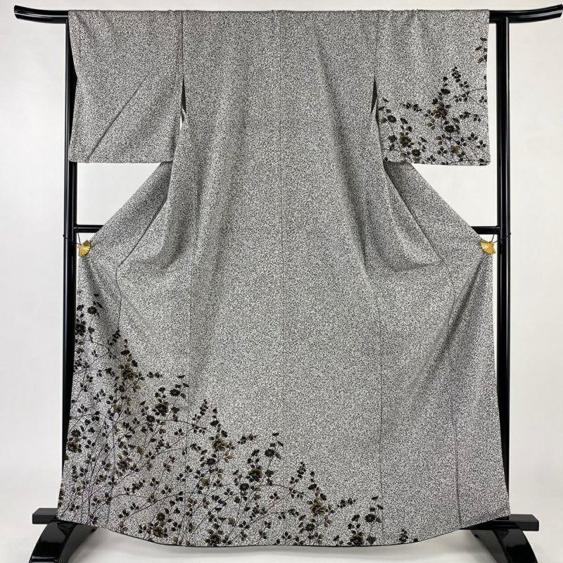 付下げ 身丈164cm 裄丈65cm M 袷 草花 灰色 正絹 美品 秀品