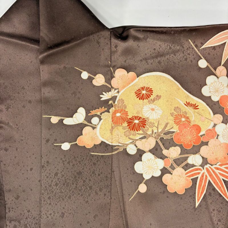 振袖 身丈169.5cm 裄丈67cm M 袷 松竹梅 菊 金糸 金彩 茶色 正絹