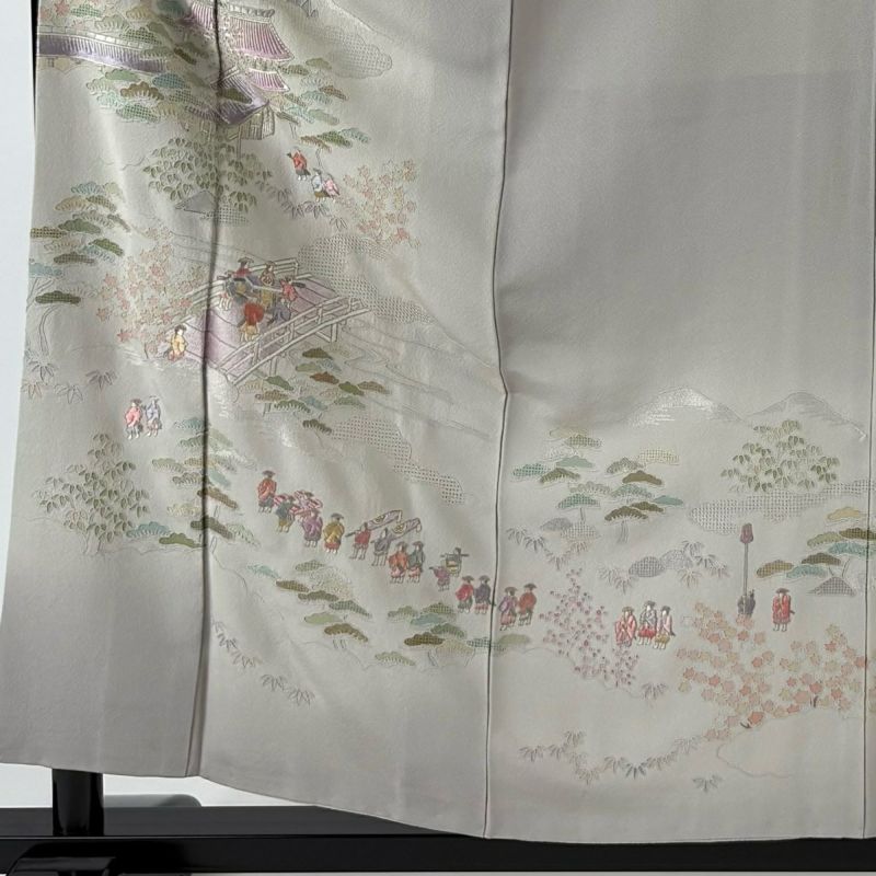 もちきび出品10623●付け下げ●正絹●灰色●刺繍●身丈156●裄65● 付下げ 身丈156.5cm 裄丈61cm S 袷 建物 橋 刺繍 ぼかし 灰色