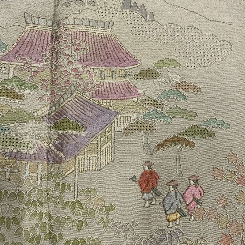 付下げ 身丈156.5cm 裄丈61cm S 袷 建物 橋 刺繍 ぼかし 灰色