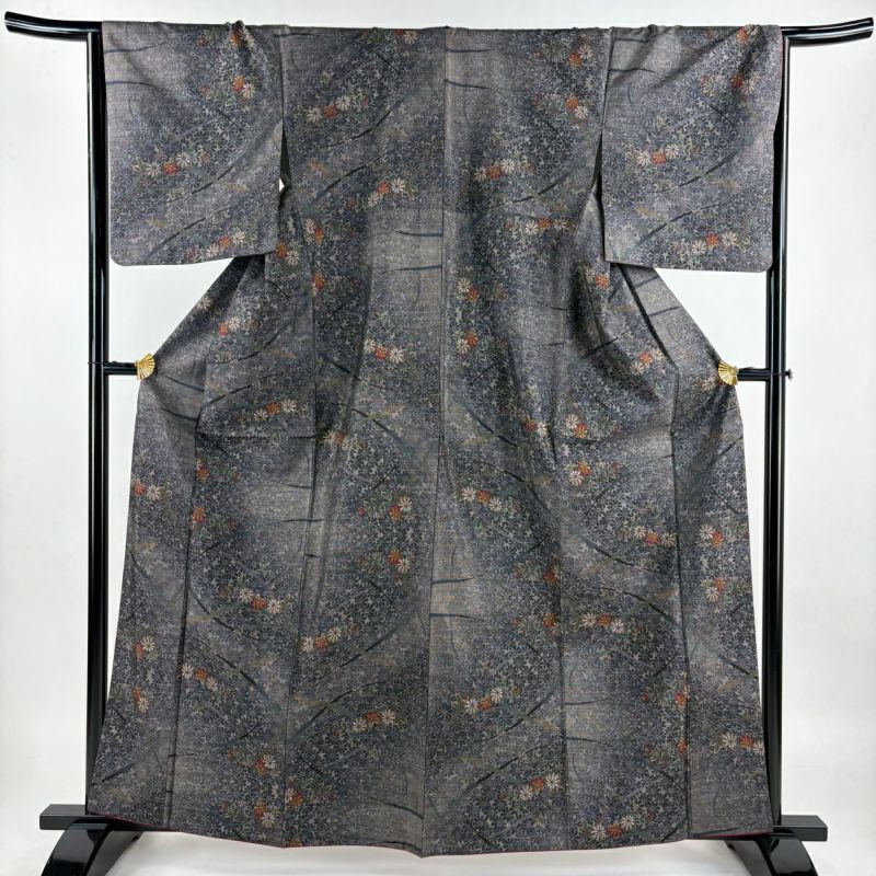 紬 身丈161.5cm 裄丈65.5cm M 袷 菊 芝 茶紫 正絹 名品｜中古
