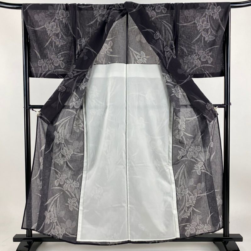 紬 身丈159.5cm 裄丈66cm M 薄物 夏紬 やまと 菖蒲 墨色 正絹 美