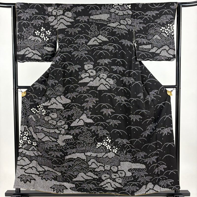 訪問着 身丈156cm 裄丈62cm S 袷 家屋 草花 絞り 黒 正絹 名品