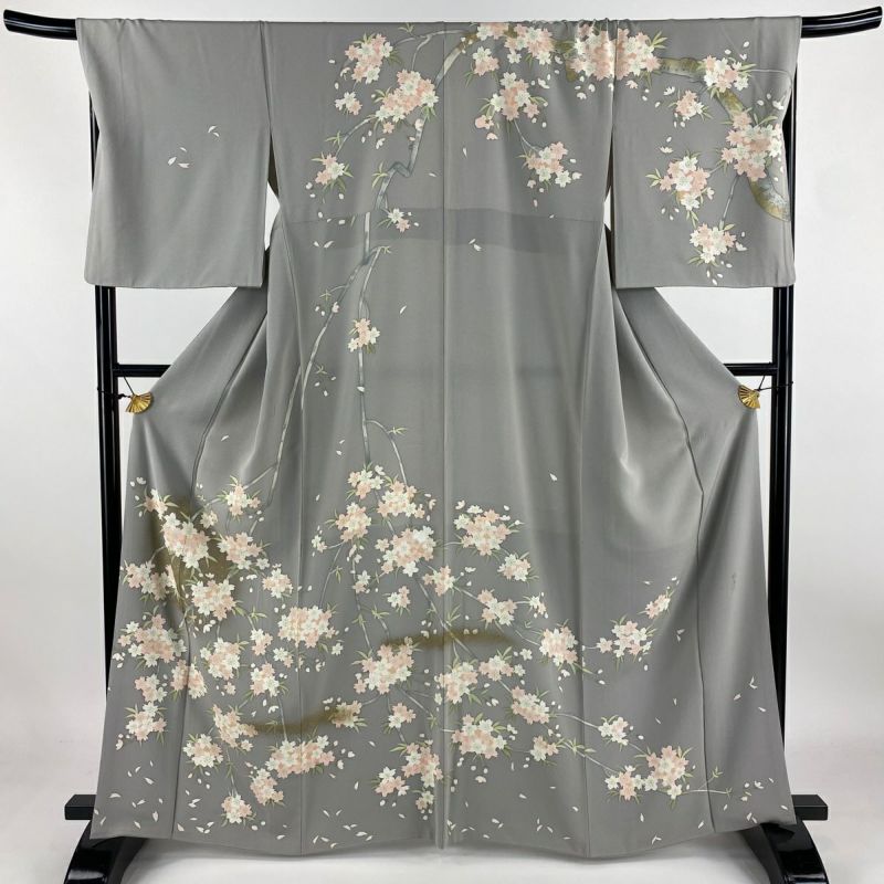 訪問着 身丈165cm 裄丈69cm L 袷 落款あり 桜 霞 金彩 灰色 正絹