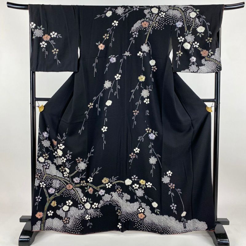 訪問着 身丈166cm 裄丈67.5cm L 袷 桜 疋田 絞り 金彩 黒 正絹