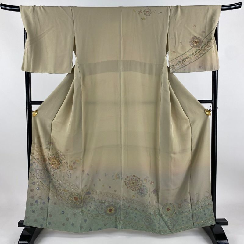 訪問着 身丈161.5cm 裄丈69cm L 袷 華文 花唐草 金糸 刺繍 薄茶