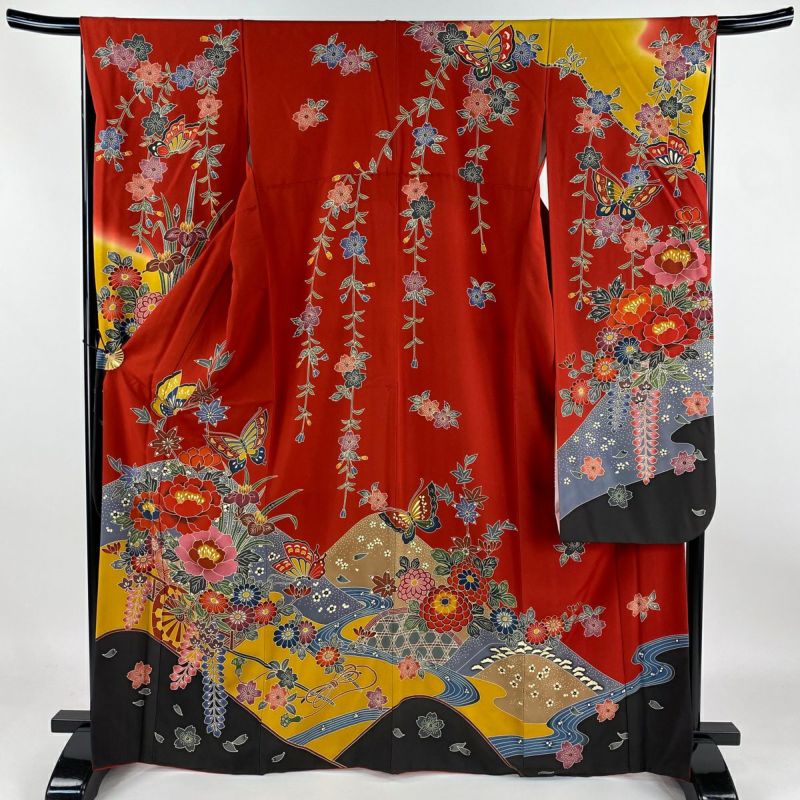 振袖 身丈166cm 裄丈66cm M 袷 落款あり 花車 蝶 赤 正絹 名品