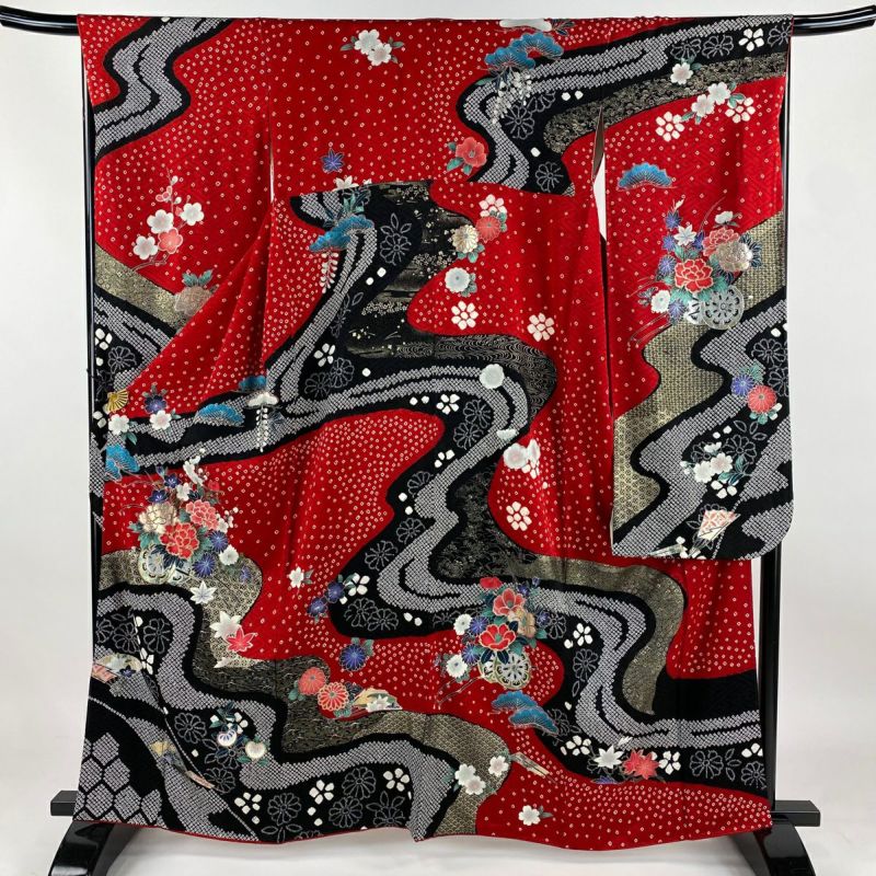 振袖 身丈161.5cm 裄丈65cm M 袷 薔薇 菊 銀通し 金銀彩 薄黄