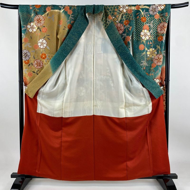 D538 振袖　枝垂れ桜　金彩　黒地　正絹　着物　袷　美品 振袖 身丈165.5cm 裄丈68cm L 袷 枝垂れ桜 鞠 金彩 ぼかし 濃紫