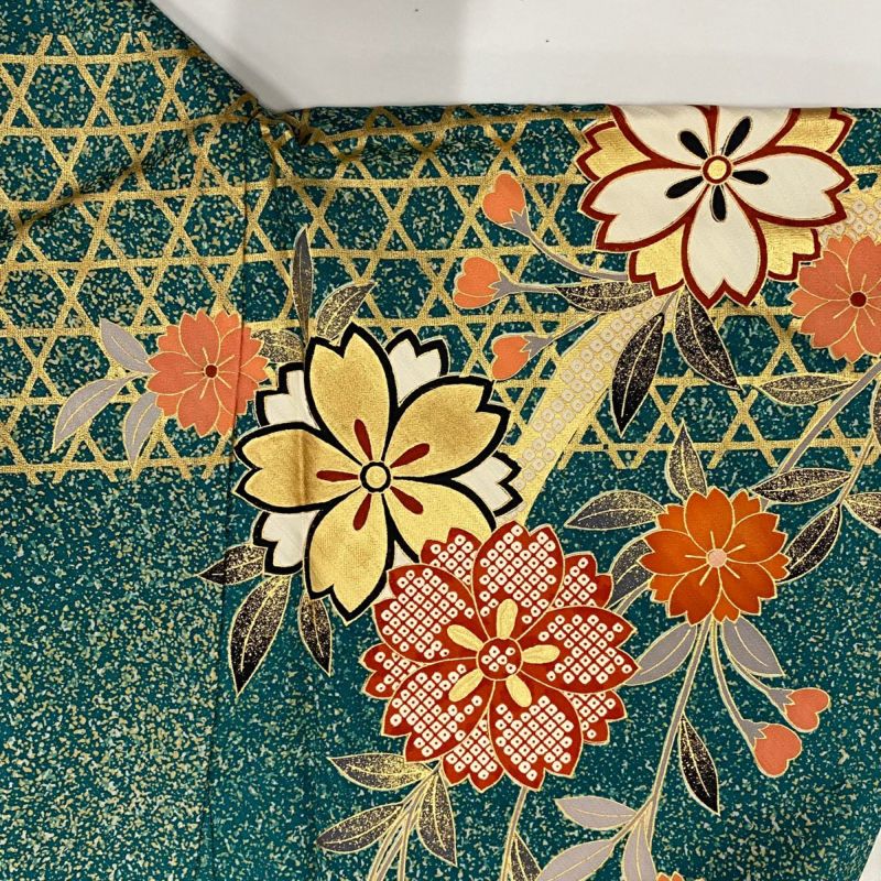 振袖 身丈160cm 裄丈65.5cm M 袷 枝垂れ桜 桧垣 金彩 緑 正絹 美